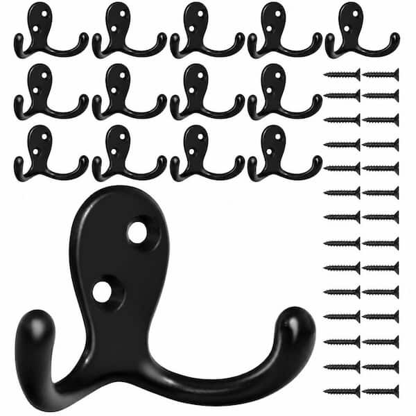14-Pieces Black Heavy Duty Double Prong Robe and Towel Wall J-Hook in Black 14-Pack Metal Wall Mounted Set w/ 28 Screws