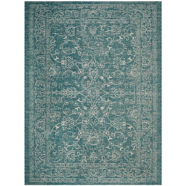 Courtyard Turquoise 8 ft. x 10 ft. Distressed Ornate Leaves Indoor/Outdoor Area Rug