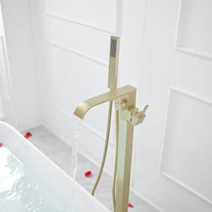 Single-Handle Floor Mount Freestanding Bathtub Faucet Waterfall Tub Filler with Handheld Shower in Brushed Gold