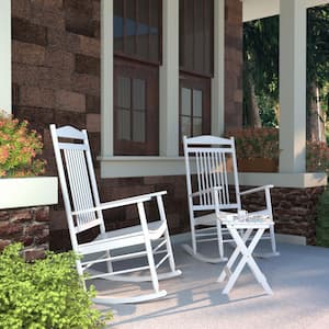 3-Piece Wood Outdoor Rocking Chairs with Curved Seat and High Backrest, White
