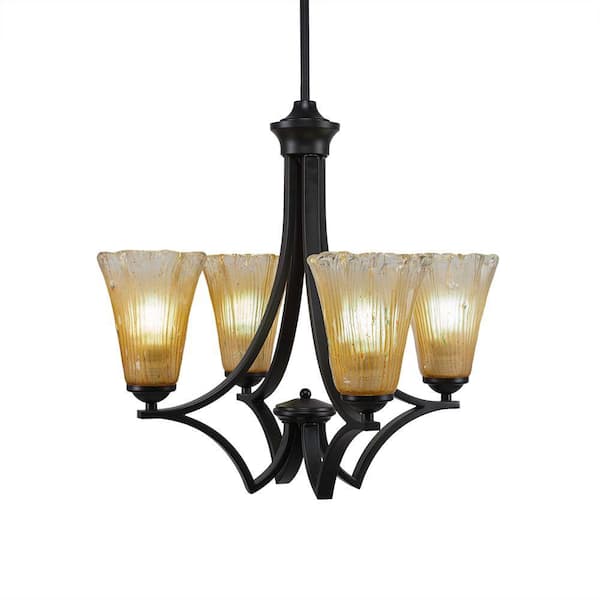 Unbranded Clevelend 4-Light Matte Black Round Chandelier with 5.5 in. Fluted Amber Crystal Glass Shades, No bulbs included