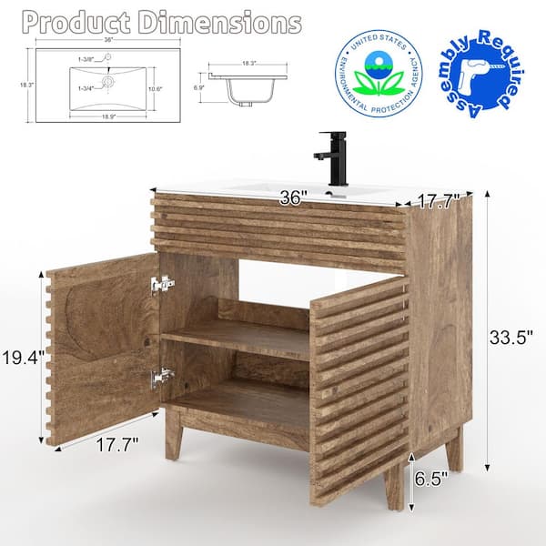 36 in. W x 17.7 in. D x 33.5 in. Single Sink Freestanding Oak Bath Vanity with White Integrated Composite Resin Top