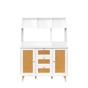 White MDF Pantry Organizer with Rattan Door and 3 Drawers, Floor Cabinet with Storage, Buffet Cabinet