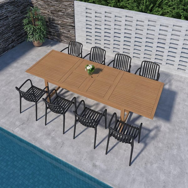 Takamaka 9-Piece Teak Finish Wood 100% FSC Rectangular Patio Dining Set Black