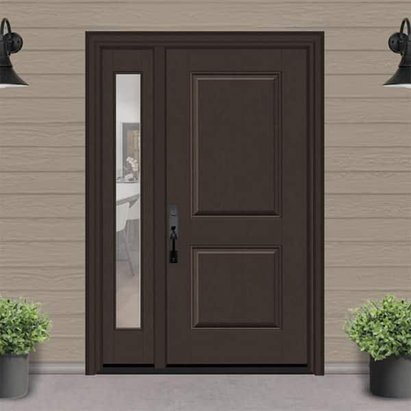 Regency 53 in. x 80 in. 2P Squaretop RHIS Hickory Stain Mahogany Fiberglass Prehung Front Door w/ Clear 14 in. SL 4-9/16