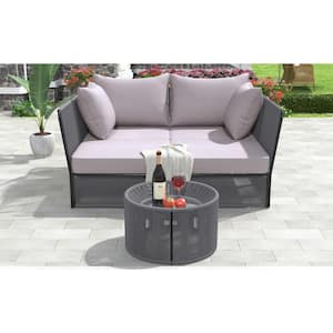 2-Piece Grey Metal Outdoor Sunbed, Patio Double Chaise Lounger Loveseat Daybed with Grey Cushion, Tempered Glass Table
