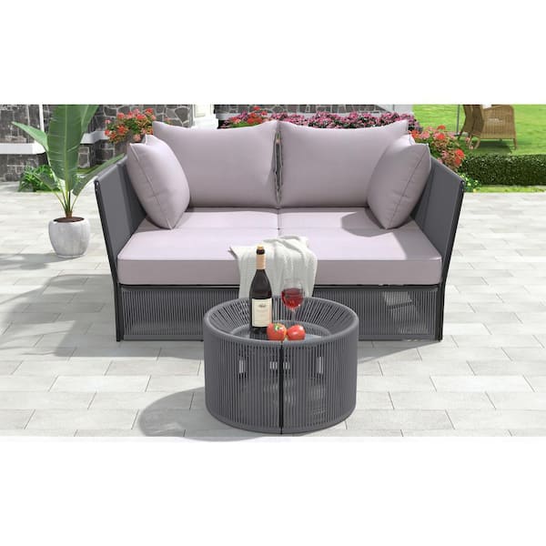matrix decor 2-Piece Grey Metal Outdoor Sunbed, Patio Double Chaise Lounger Loveseat Daybed with Grey Cushion, Tempered Glass Table