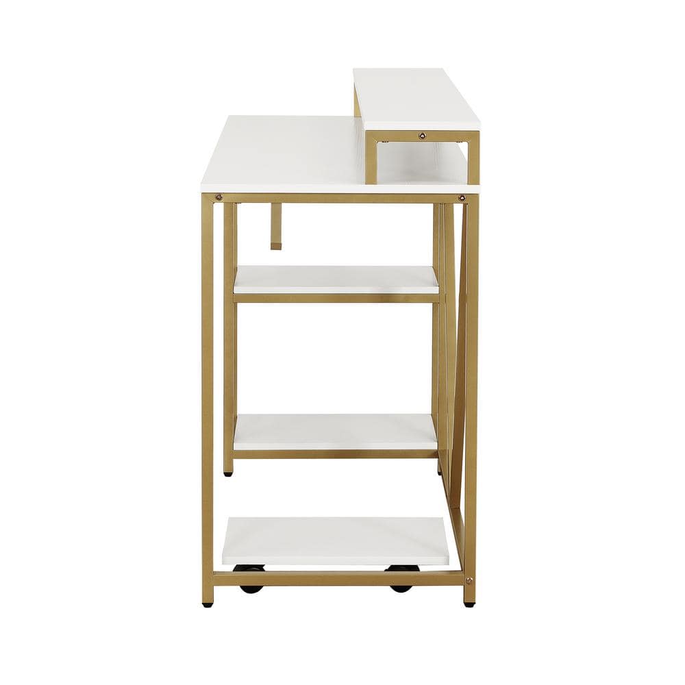 Modern Industrial Gold and Wood Writing Desk with Elevated Shelves