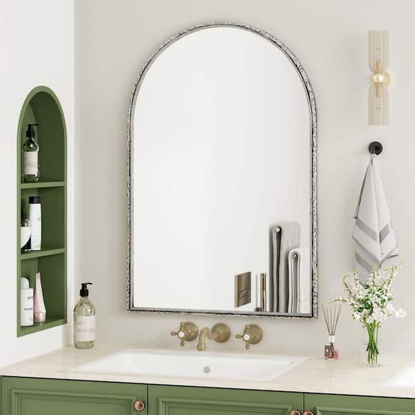 Unbranded Silver 24 in. W x 36 in. H Arched Metal Framed Bathroom Vanity Mirror Wall Mounted Mirror Decorative Wall Mirror