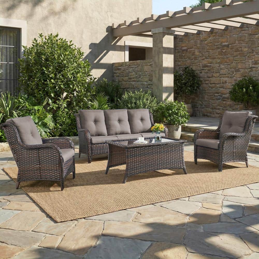 Wellcane 4-Piece Brown Wicker Patio Conversation Set Sofa Set, Coffee Table and Armchairs with Gray Cushions price history on PriceWatchPro