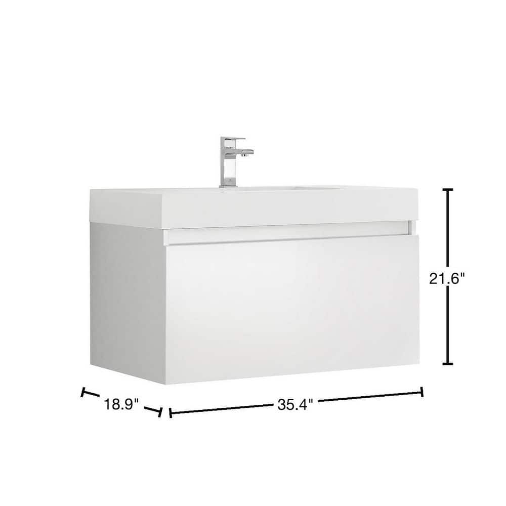 Glossy White 36" Wall-Mounted Single Sink Vanity with Acrylic Top