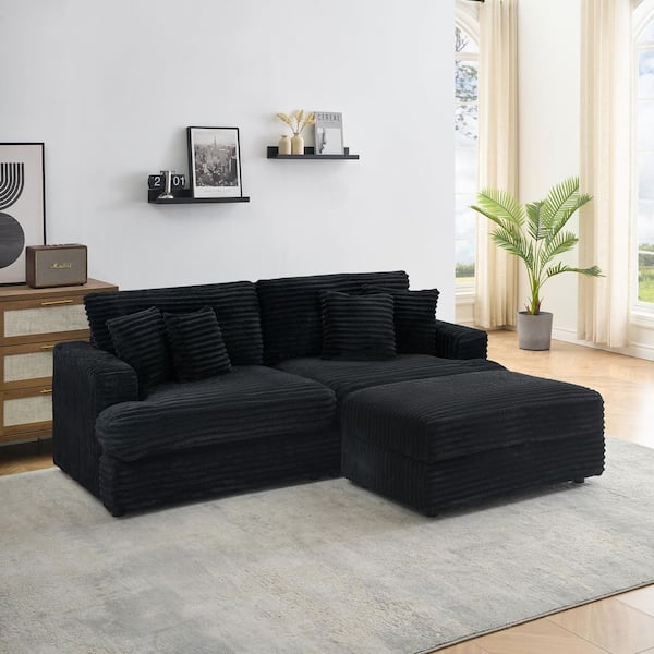 Deborah 88.58 in. Corduroy Upholstered Sectional Sofa in. Black with 4 Throw Pillows, Ottoman