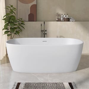 59 in. x 33 in. Solid Surface Tub Stone Resin Freestanding Soaking Bathtub With Overflow & Center Drain in Matte White