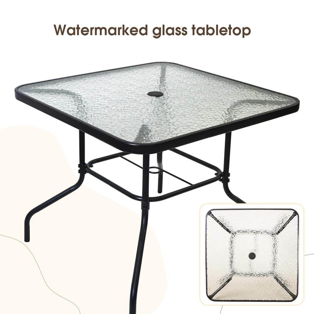 Black 4-Piece Steel and Glass Outdoor Dining Set with Umbrella