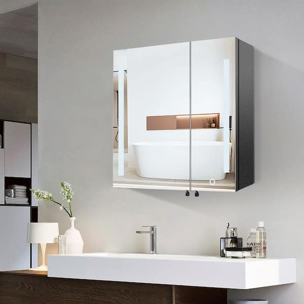 JimsMaison 30 in. W x 26 in. H Rectangular Black Iron Surface Mount Medicine Cabinet with Mirror and LED Light