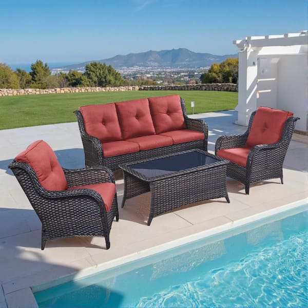 Pocassy 4-Piece Wicker Outdoor Patio Seating Conversation Set Sectional Sofa Glass Coffee Table with Red Cushions