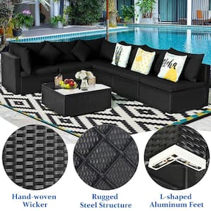 7-Piece Wicker Patio Fire Pit Sofa Set Sectional Conversation Furniture Set Garden with Black Cushions