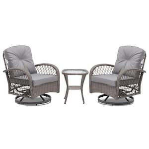 Wicker Indoor and Outdoor Rocking Chair Set with 360° Swivel Patio Rocker, Glass Coffee Table and Gray Cushions