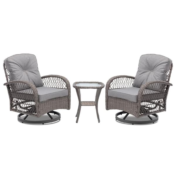 Unbranded Wicker Indoor and Outdoor Rocking Chair Set with 360° Swivel Patio Rocker, Glass Coffee Table and Gray Cushions
