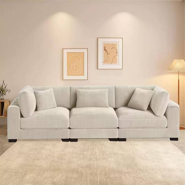 Monland 112 in. Square Arm Polyester Corduroy Upholstery Rectangle Oversized Deep-Seated 3-Pieces Sectional Sofa in. Beige