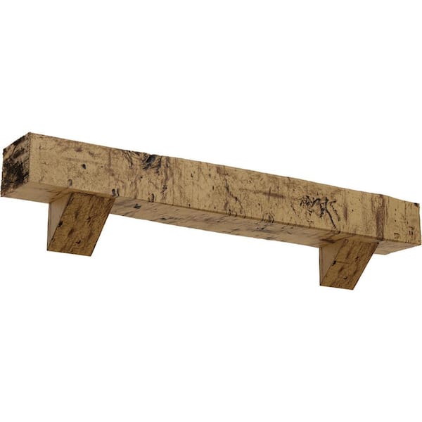 Ekena Millwork 4 in. x 4 in. x 4 ft. Knotty Pine Faux Wood Fireplace Mantel Kit, Breckinridge Corbels, Natural Golden Oak