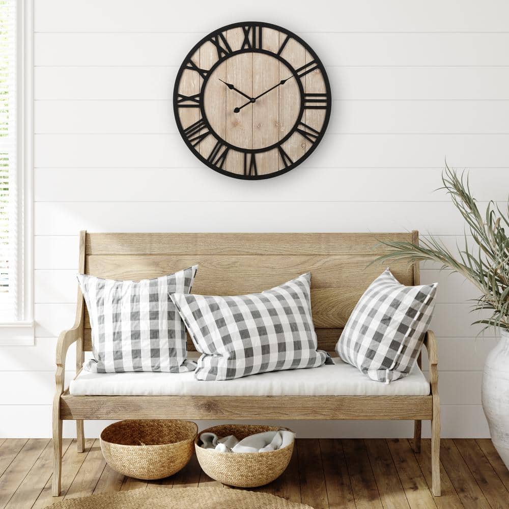Harper 19.7-Inch Black and Distressed Wood Roman Numeral Wall Clock