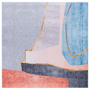 Tacoma Beige/Blue 6 ft. x 6 ft. Machine Washable Abstract Striped Geometric Square Area Rug