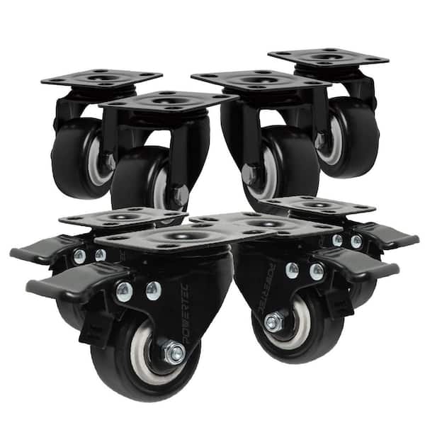 2 in. Black Swivel Plate Caster Wheels, 4-with Brakes and 4-without, Polyurethane Plate Casters (8-Pack)