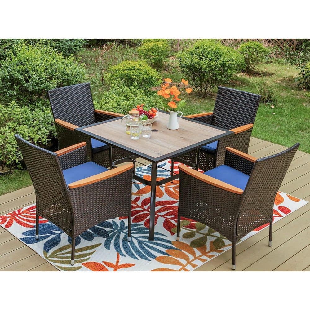 PHI VILLA Black 5 Piece Metal Patio Outdoor Dining Set with Wood