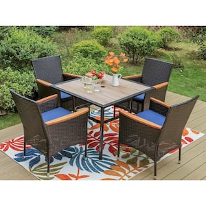 Black 5-Piece Metal Patio Outdoor Dining Set with Wood-Look Square Table and Rattan Chairs with Blue Cushion