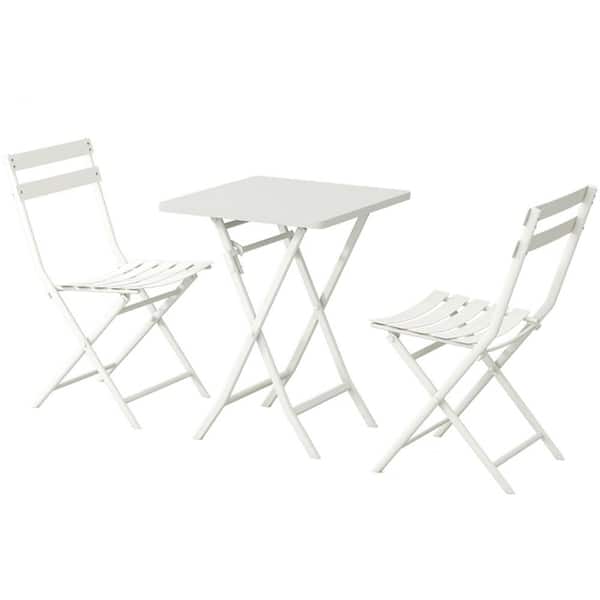 Sudzendf White 3-Piece Metal Patio Outdoor Bistro Set of Foldable Square Table and Chairs