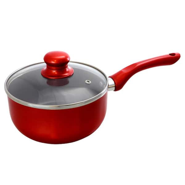 Better Chef 1.5 qt. Aluminum Ceramic Coated Saucepan in Red with Glass Lid