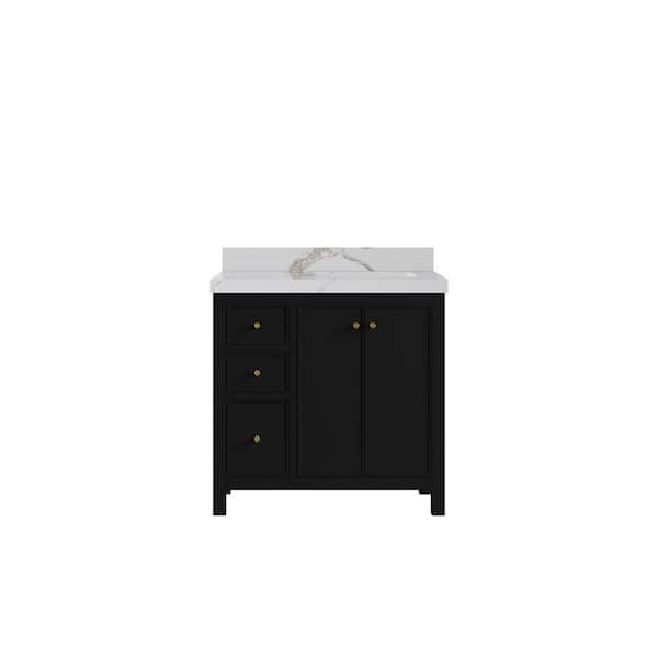 Willow Collections Chicago 36 in. W x 22 in. D x 36 in. H Single Right Offset Sink Bath Vanity in Black with 2 in. Calacatta Gold qt. Top