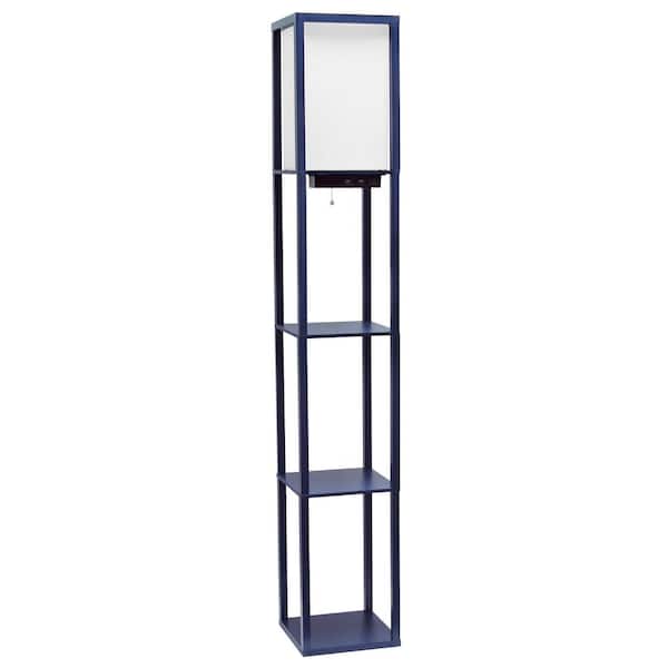 Creekwood home 62.5 in. Navy Blue Modern 3-Tier Column Floor Lamp with Charging Ports and Outlet for Living Room, with Linen Shade