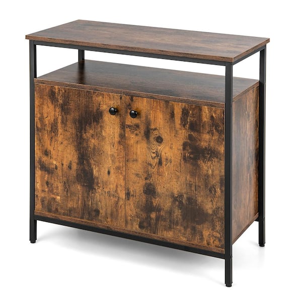 Costway Rustic Brown Wood 31.5 in. Industrial Buffet Sideboard Kitchen Cupboard Storage Cabinet with Open Shelf