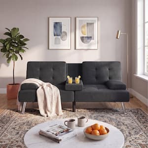 63 in. Black Linen Fabric Convertible Futon Sofa Bed with Futon Mattress, Folding Loveseat Sleeper with Cup Holders