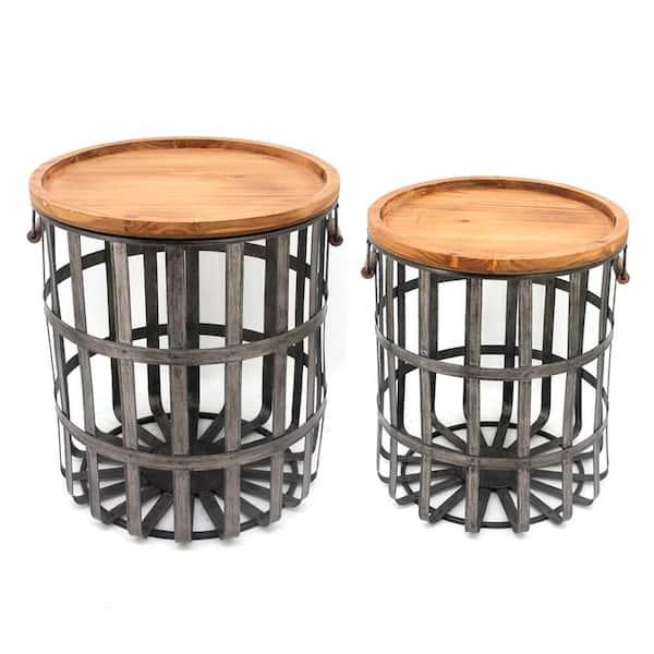 Home Decorators Collection Round Galvanized Metal Decorative Basket with Wood Lid (Set of 2)