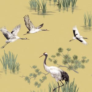 Cranes in Water Wallpaper Yellow Paper Strippable Roll (Covers 57 sq. ft.)