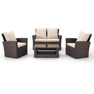 4-Pieces PE Wicker Patio Conversation Sets with Beige Cushions, 2 Single Chairs, 1 Double Sofa, and 1 Coffee Table