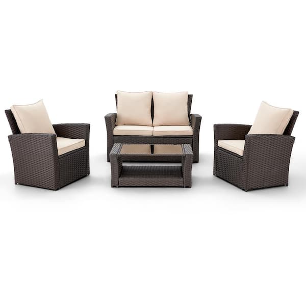Inner Decor 4-Pieces PE Wicker Patio Conversation Sets with Beige Cushions, 2 Single Chairs, 1 Double Sofa, and 1 Coffee Table