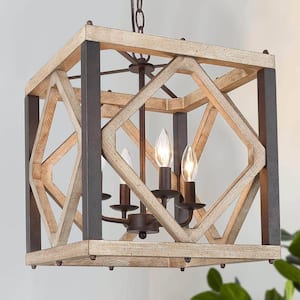 4-Light Rustic Wood Farmhouse Chandelier with Distressed Wood and Aged Iron