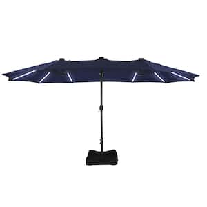 15 ft. Outdoor Rectangular Crank Market Umbrella Patio Umbrella in Navy Blue with Solar Detachable Lights and Base