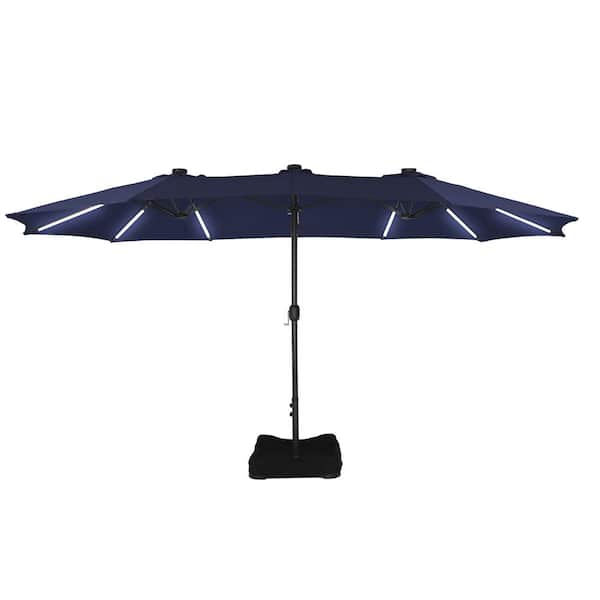 Clihome 15 ft. Outdoor Rectangular Crank Market Umbrella Patio Umbrella in Navy Blue with Solar Detachable Lights and Base