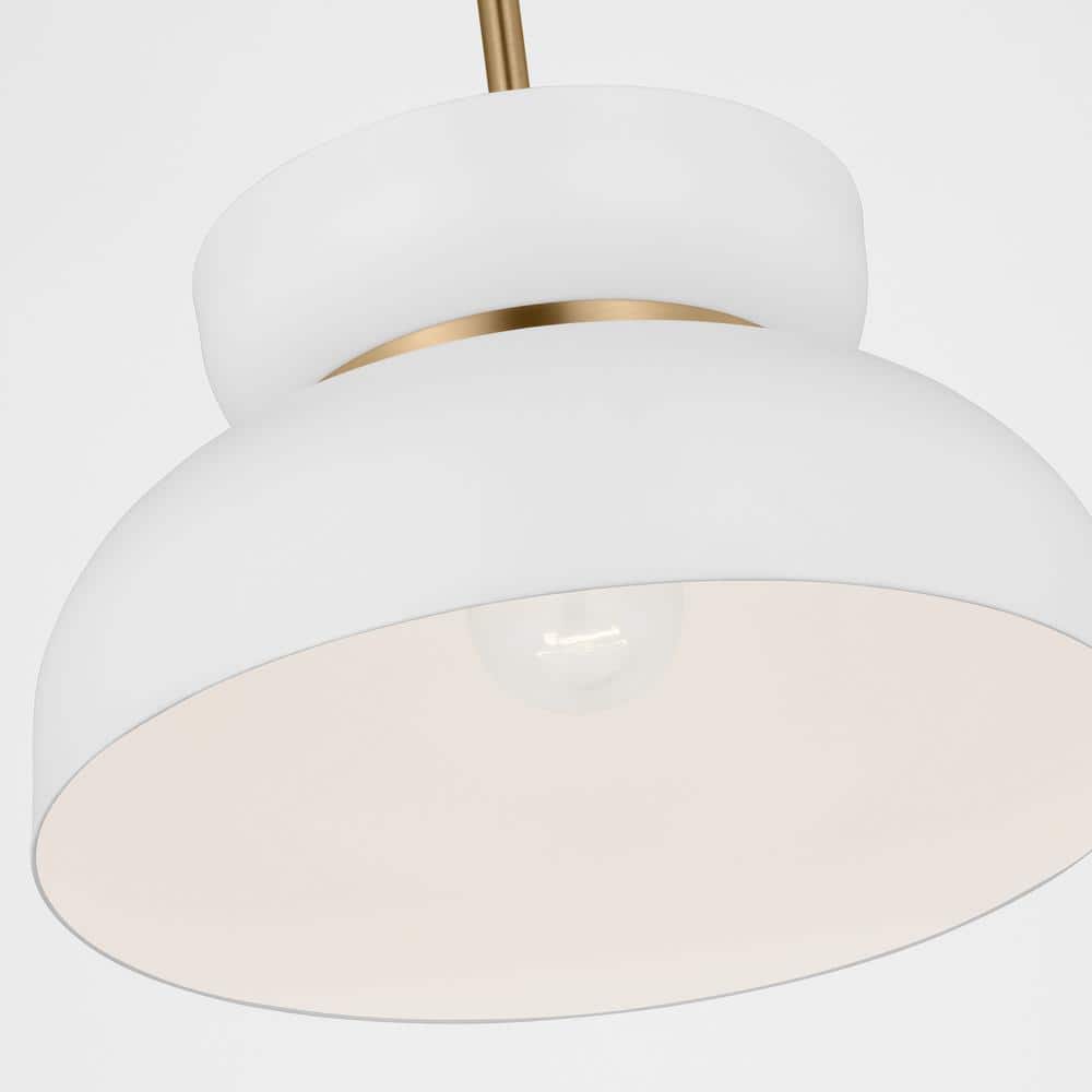 Matte White and Brass 1-Light Pendant with Glass Shade