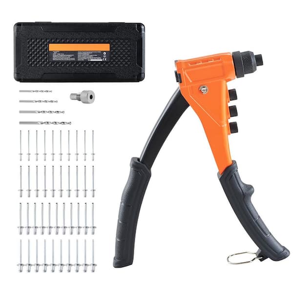 Pop Rivet Gun Kit, with 200 Blind Rivets, Heavy Duty Single Hand Riveter with 4 Interchangeable Nosepieces, 4 Drill Bits