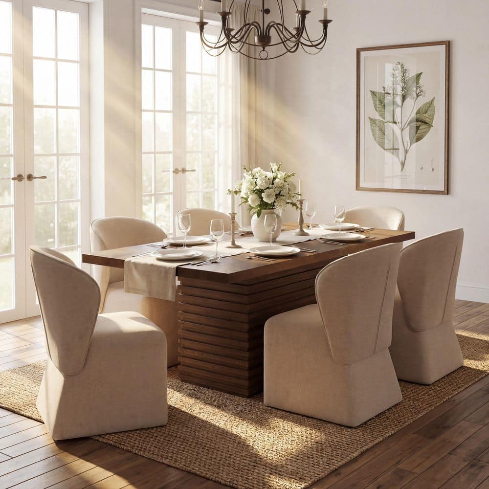 Glorious 7-Piece Beige Plus Walnut Wood Top Dining Set with Fabric Upholstered Dining Chairs, Seats 6