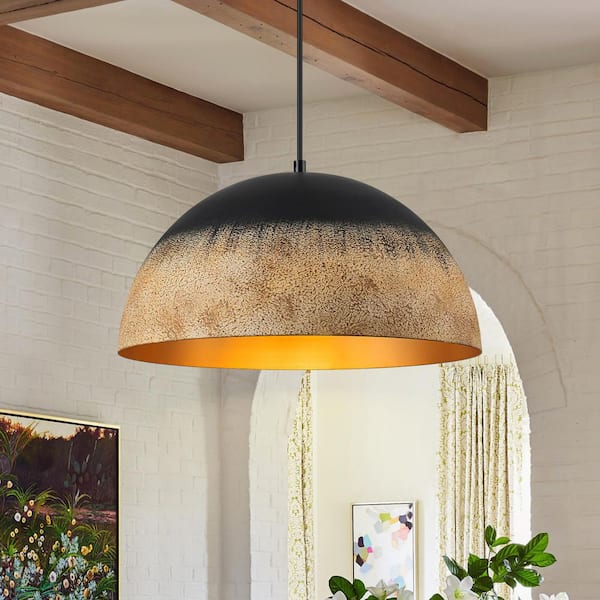 Detroit 15.75 in. 1-Light Black and Muddy Yellow Farmhouse Dome Pendant Light for Kitchen Island