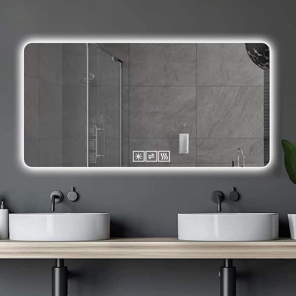 Ultra-Modern 59.05 in. W x 27.55 in. H Rectangular Frameless Rounded Corner Wall Bathroom Vanity Mirror in Clear