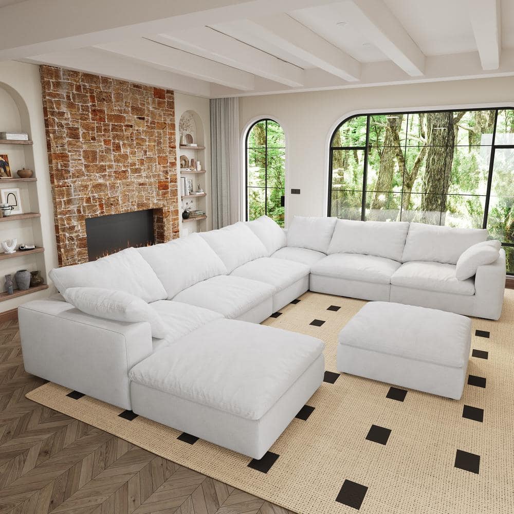 160 in. Square Arm 8-Piece Linen Large Size Modular Cloud Feather Sectional Sofa For Apartment Living Room in White-U8