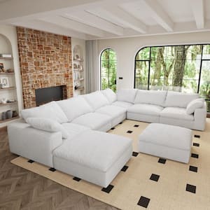 160 in. Square Arm 8-Piece Velvet Large Size Modular Cloud Feather Sectional Sofa For Apartment Living Room in White-U8